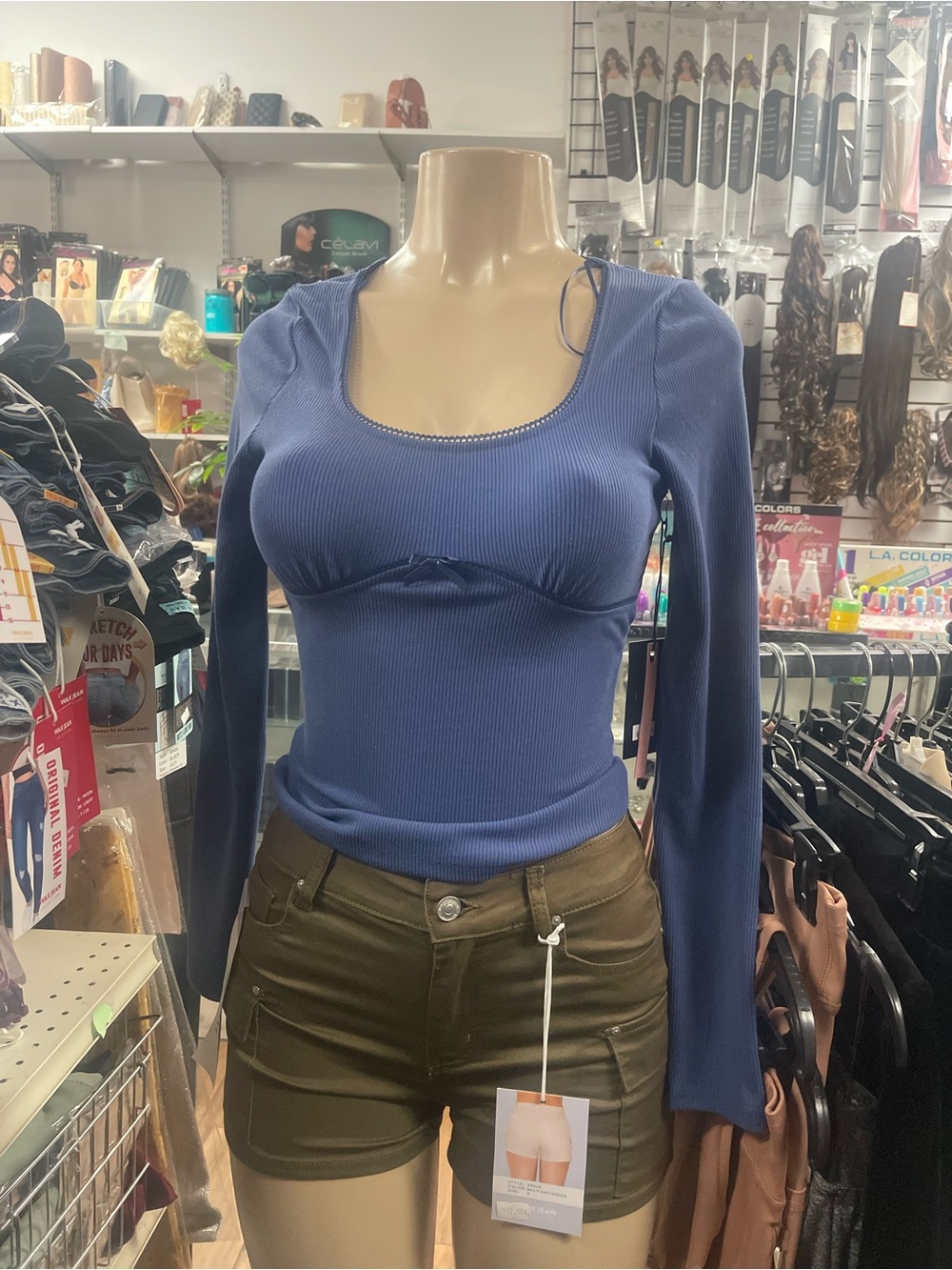 Women’s Ribbed Long-Sleeve Scoop Neck Top — Blue